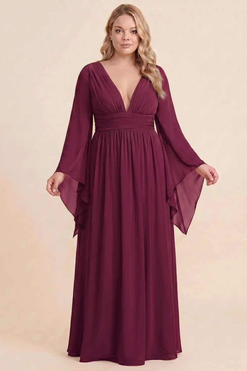 Vestido Largo de Noche Modelo 1050 con Mangas Acampanadas y Escote en V