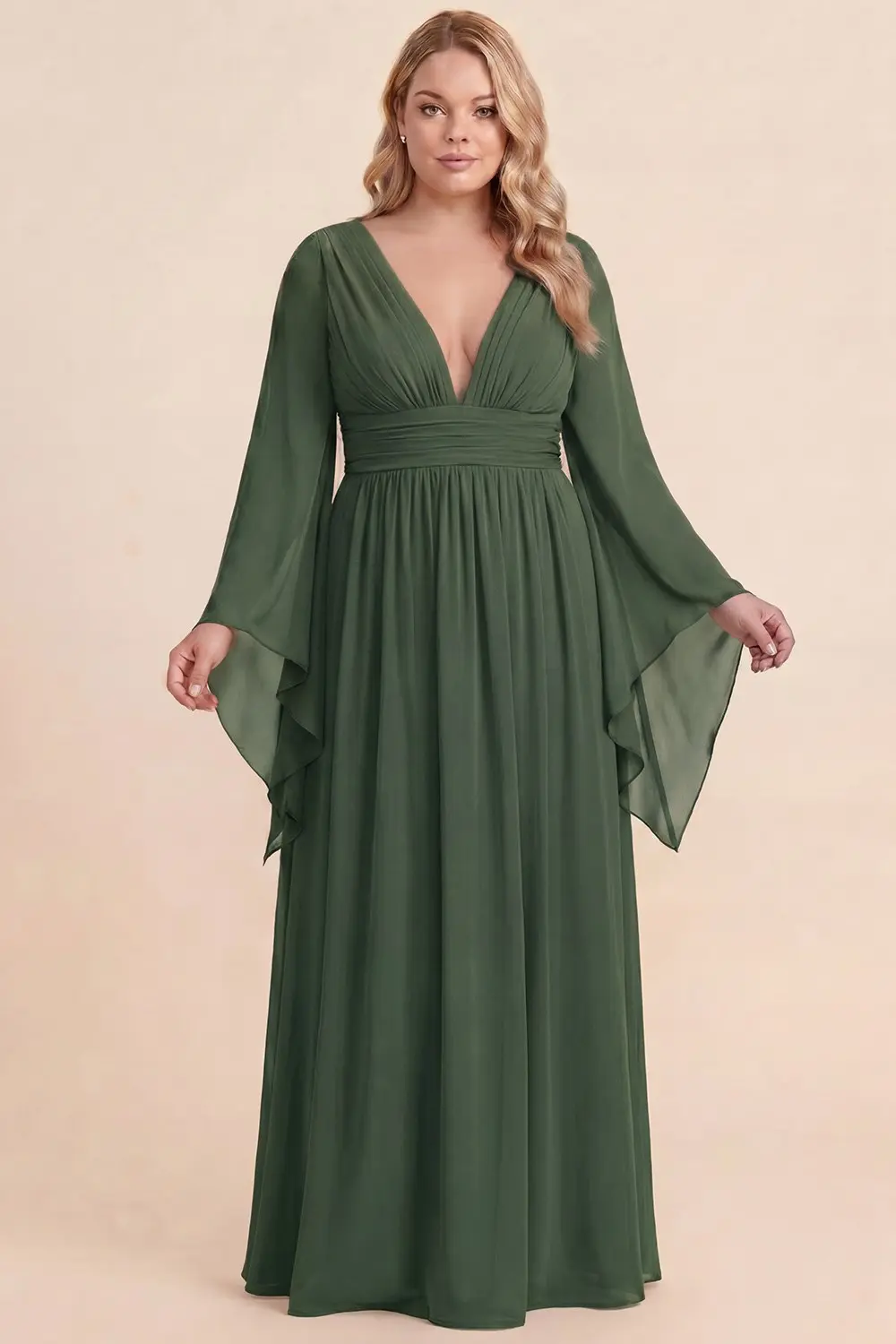 Vestido Largo de Noche Modelo 1050 con Mangas Acampanadas y Escote en V — vista 3
