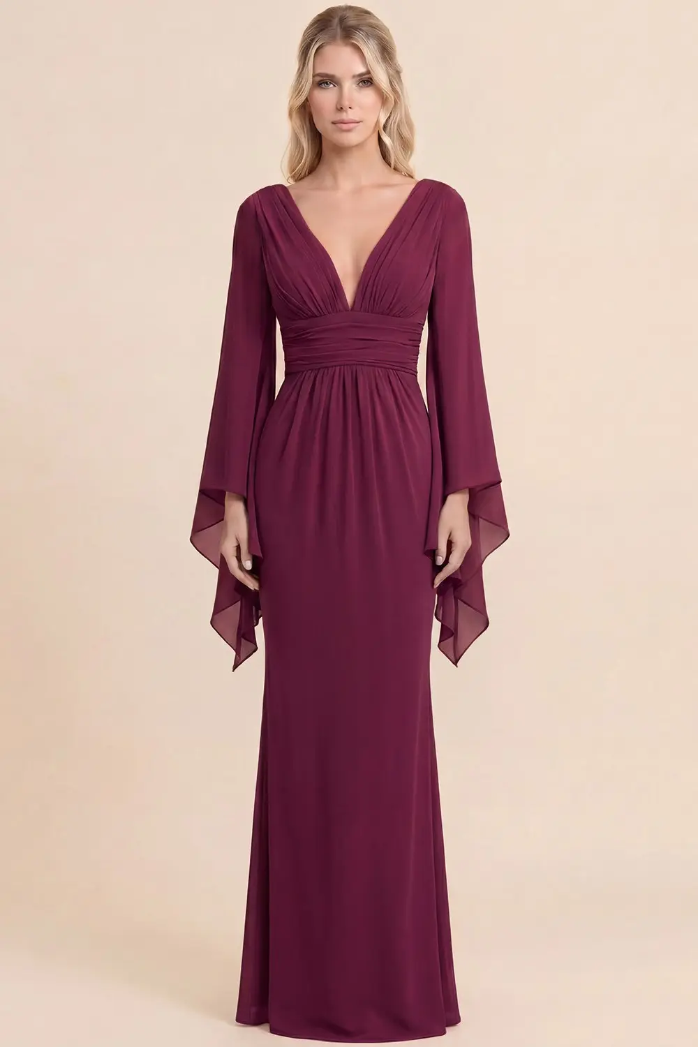 Vestido de Noche Largo Modelo 1049 con Escote en V y Mangas Acampanadas — vista 3