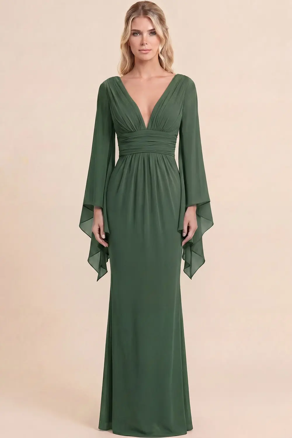 Vestido de Noche Largo Modelo 1049 con Escote en V y Mangas Acampanadas