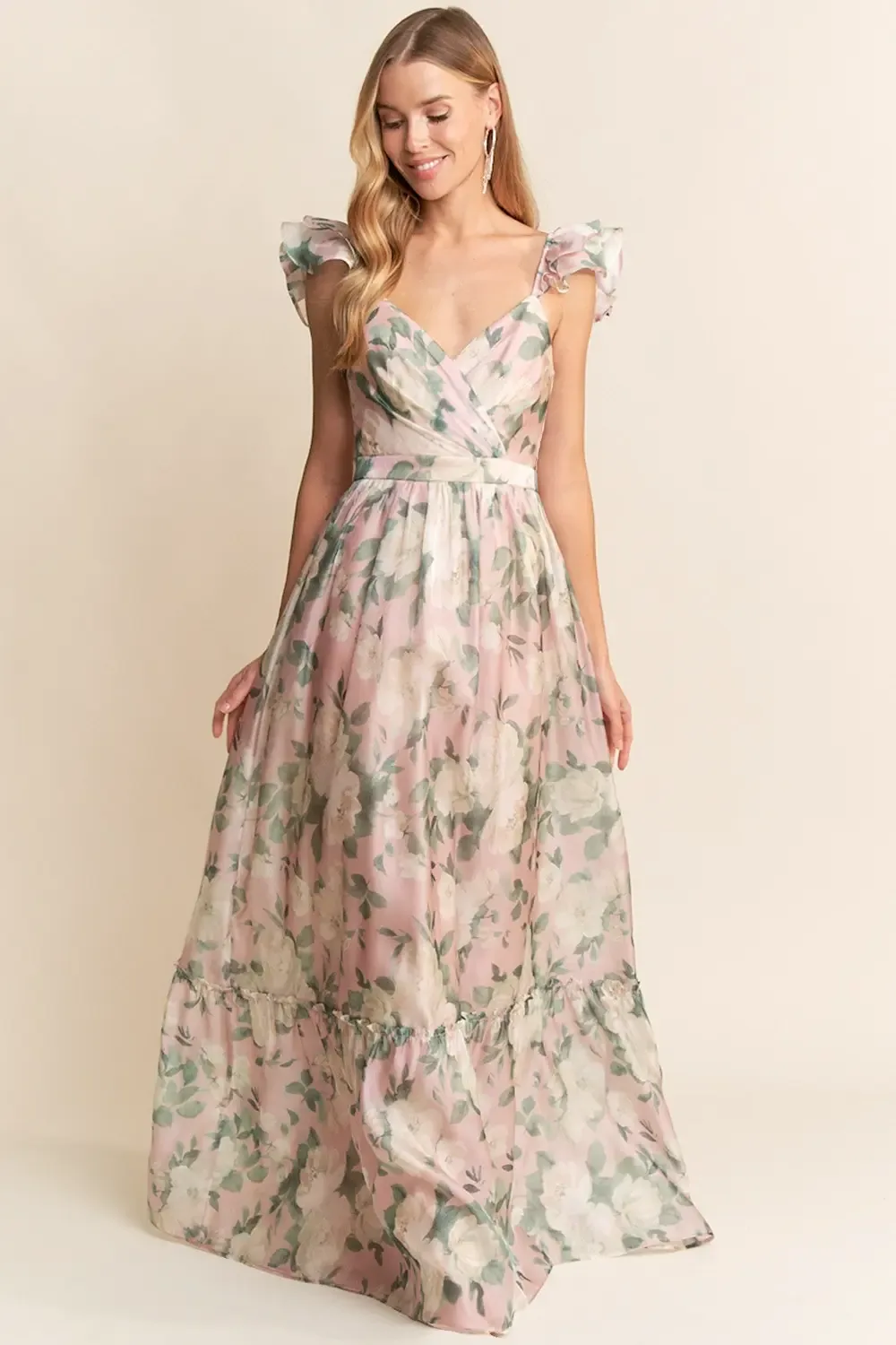 Vestido Largo Estampado Floral En Organza Con Escote Cruzado Y Mangas Volante - Modelo EV947 — vista 3