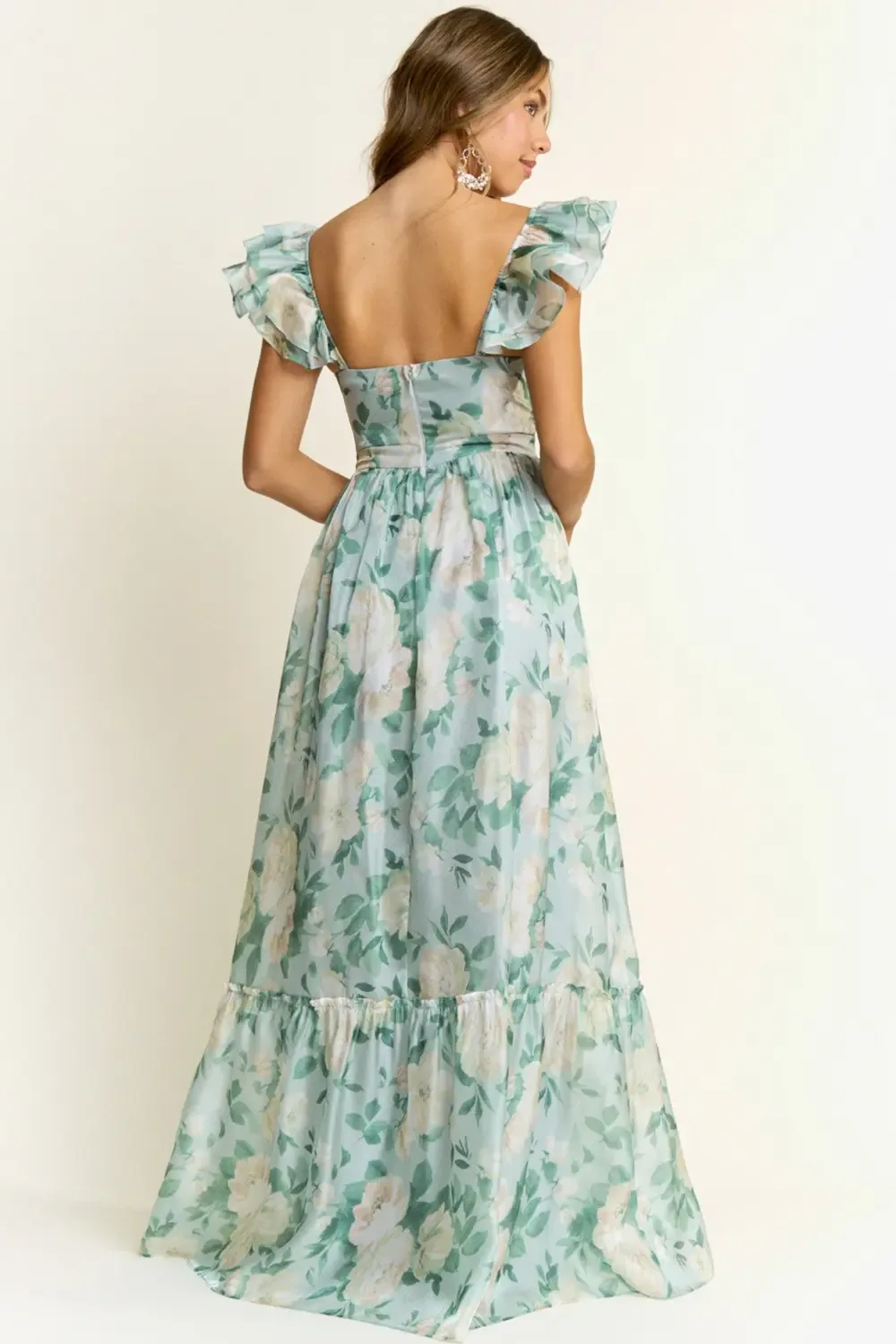 Vestido Largo Estampado Floral En Organza Con Escote Cruzado Y Mangas Volante - Modelo EV947 — vista 4