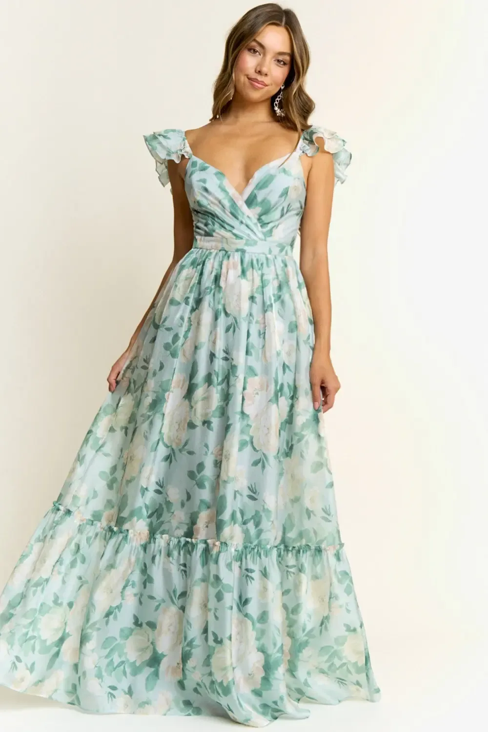 Vestido Largo Estampado Floral En Organza Con Escote Cruzado Y Mangas Volante - Modelo EV947