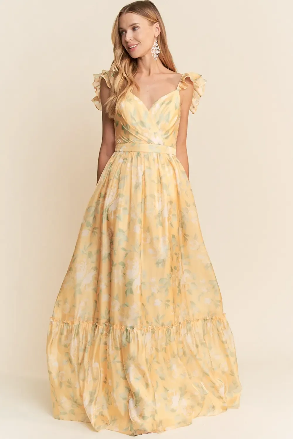 Vestido Largo Estampado Floral En Organza Con Escote Cruzado Y Mangas Volante - Modelo EV947 — vista 6