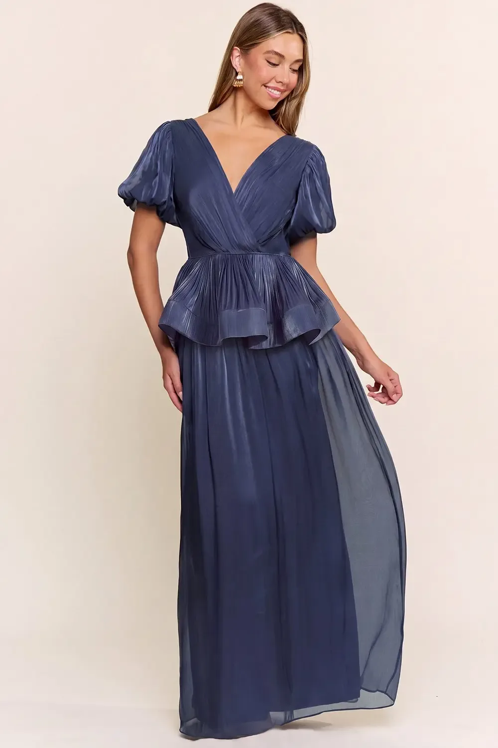 Vestido Largo De Gala Plisado Con Cintura Peplum Y Mangas Abullonadas EV1054