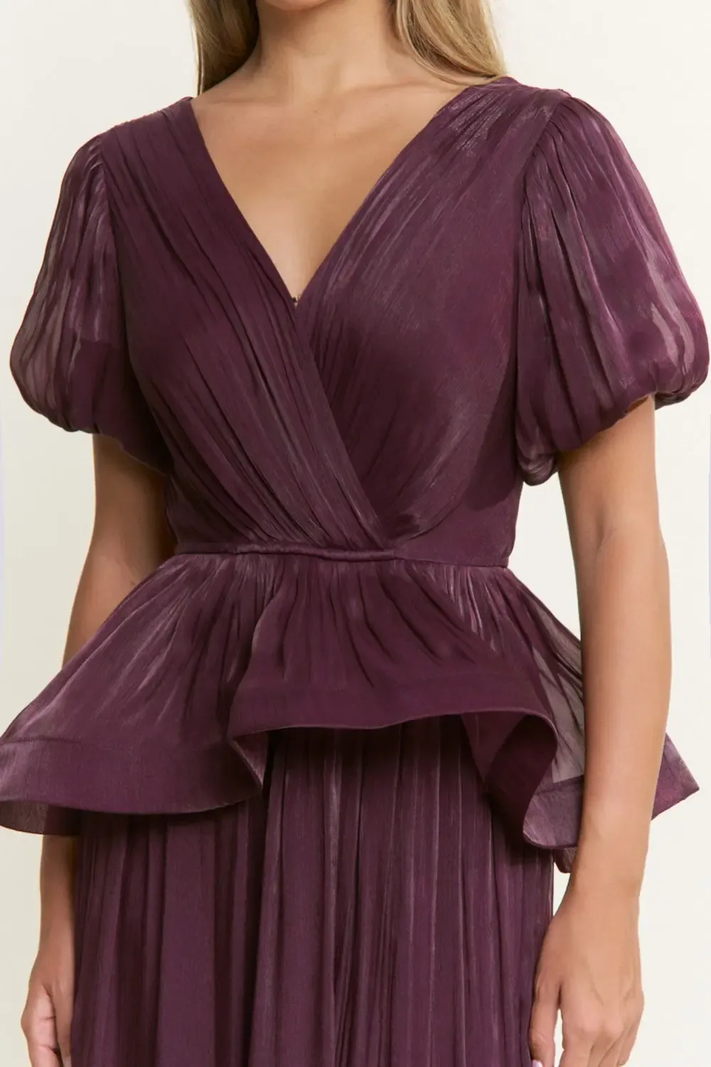 Vestido Largo De Gala Plisado Con Cintura Peplum Y Mangas Abullonadas EV1054 — vista 4