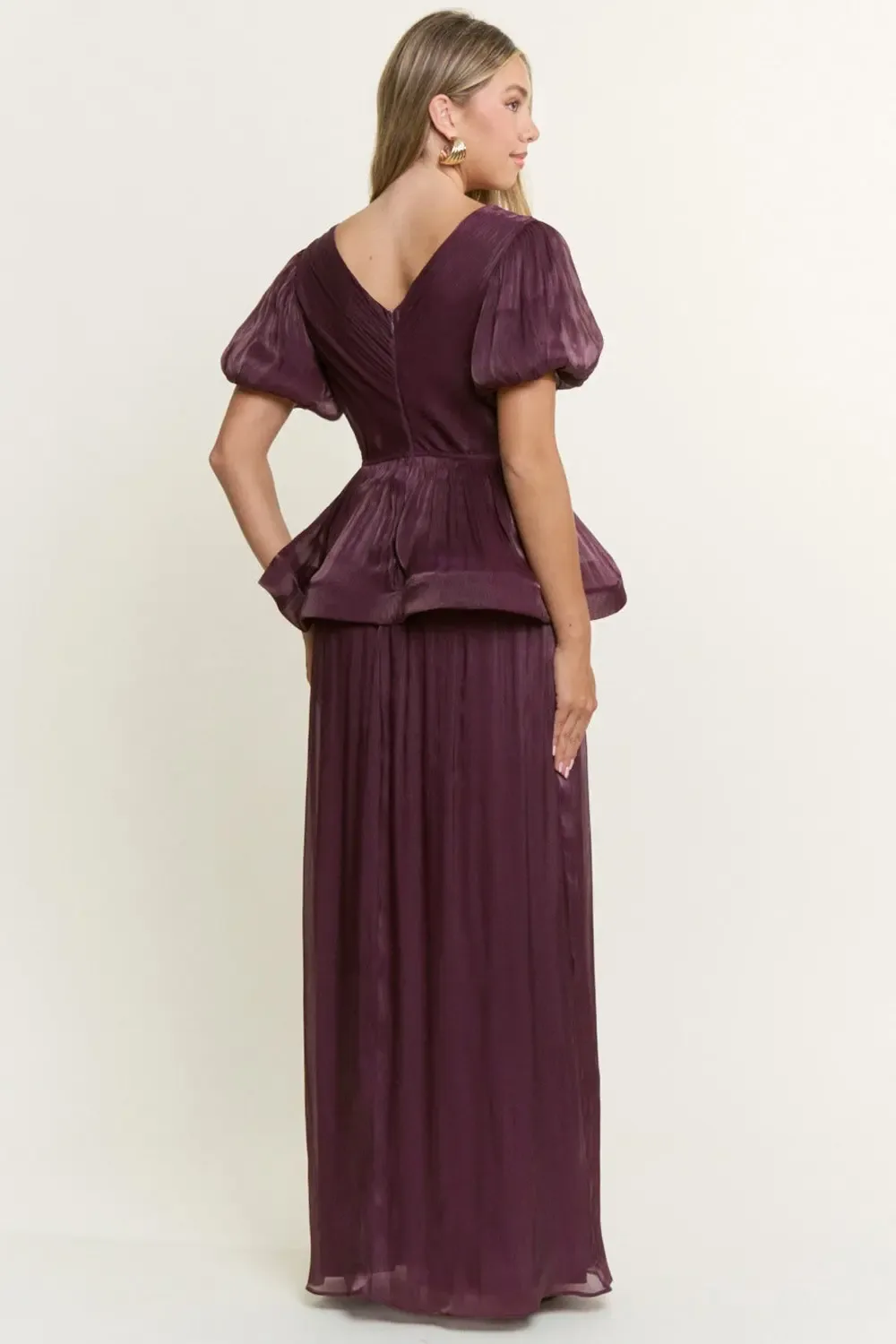 Vestido Largo De Gala Plisado Con Cintura Peplum Y Mangas Abullonadas EV1054 Plus — vista 3