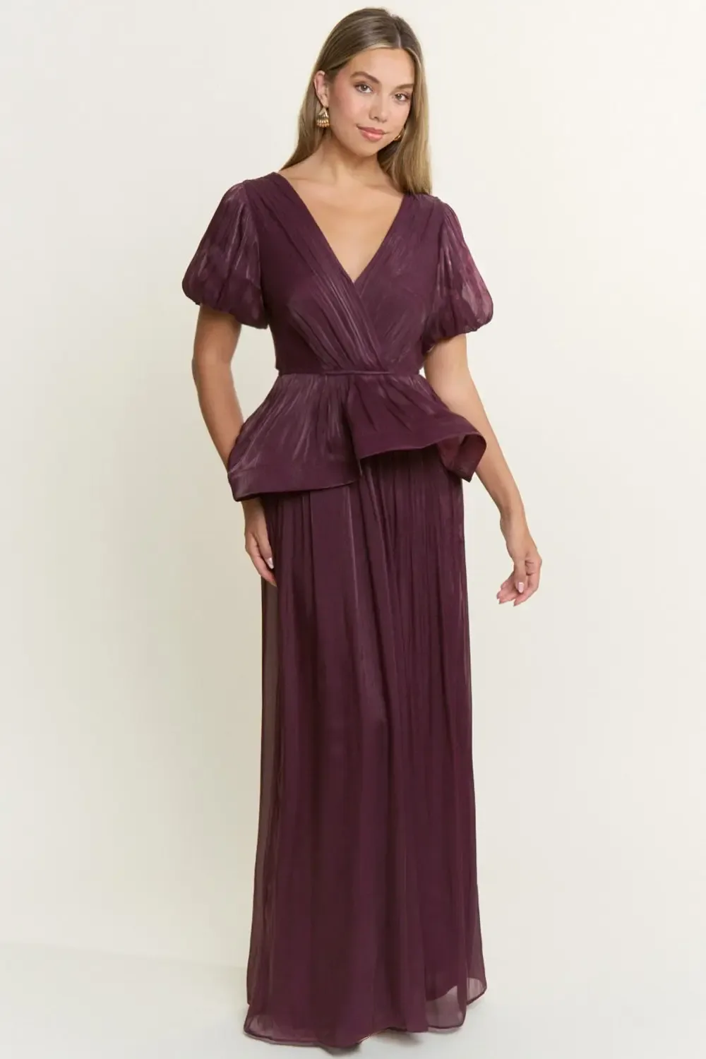 Vestido Largo De Gala Plisado Con Cintura Peplum Y Mangas Abullonadas EV1054 Plus