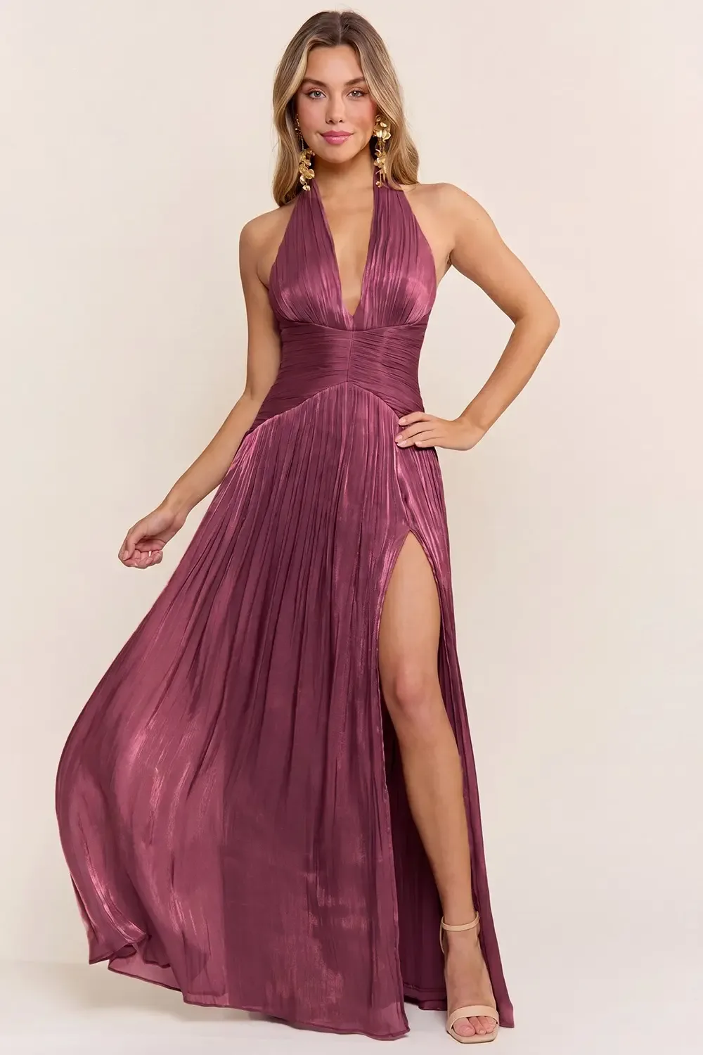 Vestido Largo De Noche Plisado Con Escote Halter | Modelo EV1051 — vista 8