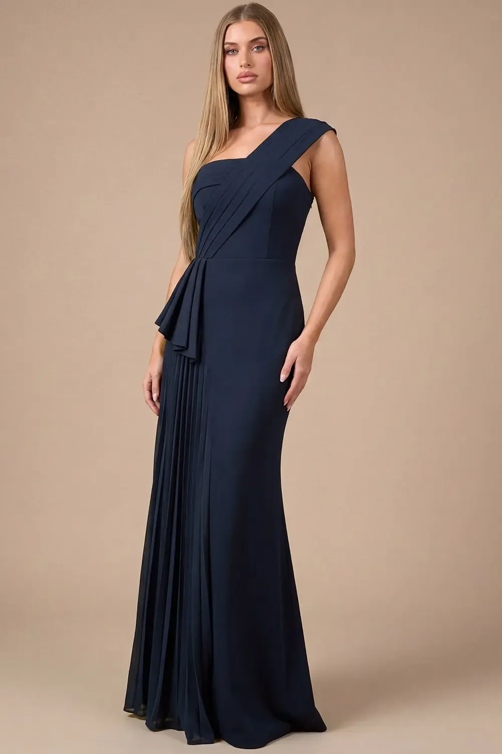 Vestido Largo De Noche Asimétrico Con Plisado Lateral EV1046 — vista 2