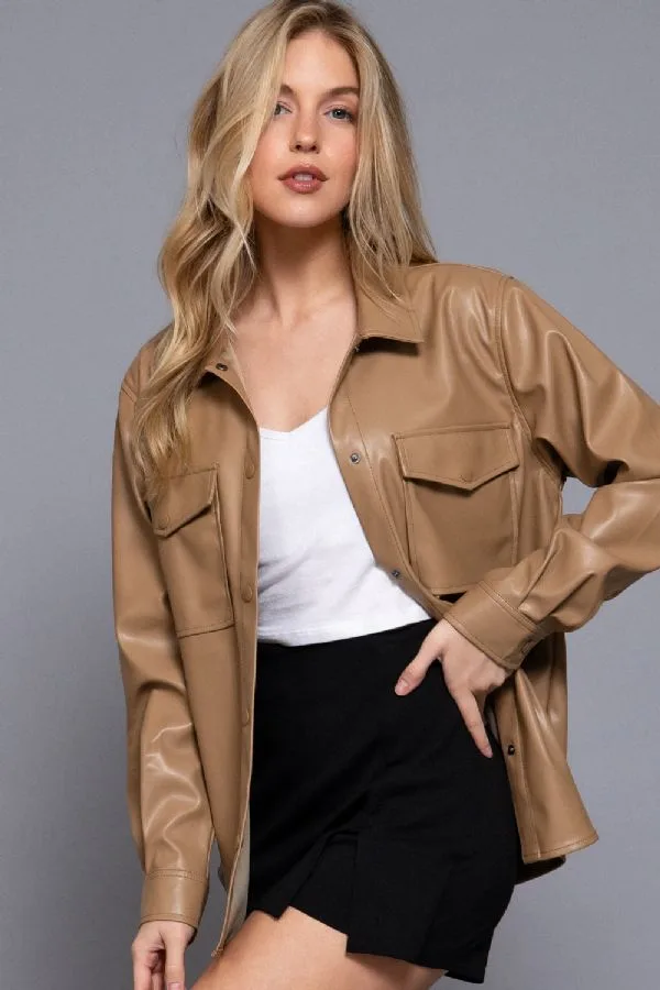 Chaqueta Larga Casual Efecto Piel En Tono Beige Miel – Modelo J13642