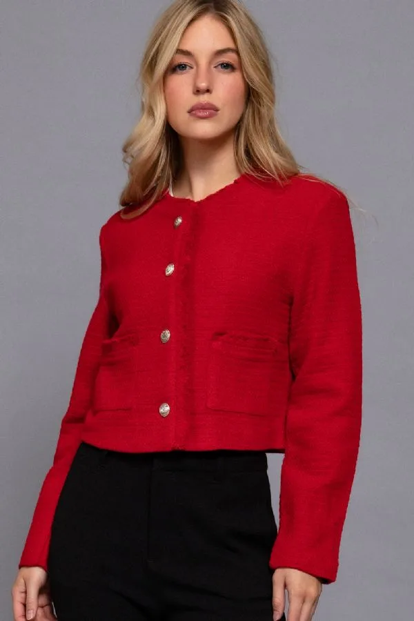 Chaqueta Corta De Tweed Color Rojo Casual Para Dama – Modelo J14810 — vista 3