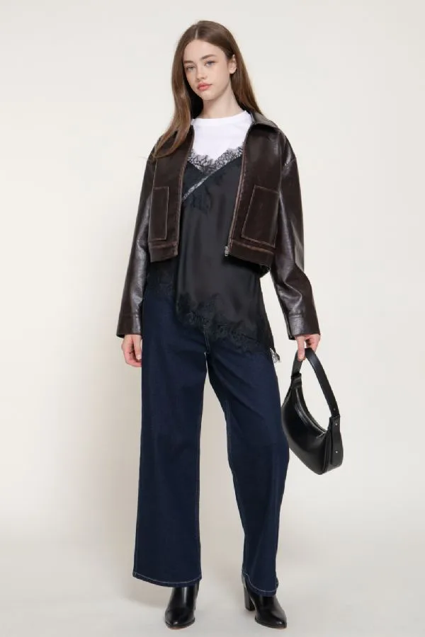 Cazadora Casual Marrón Efecto Cuero Desgastado Para Mujer – Modelo J15389 — vista 3