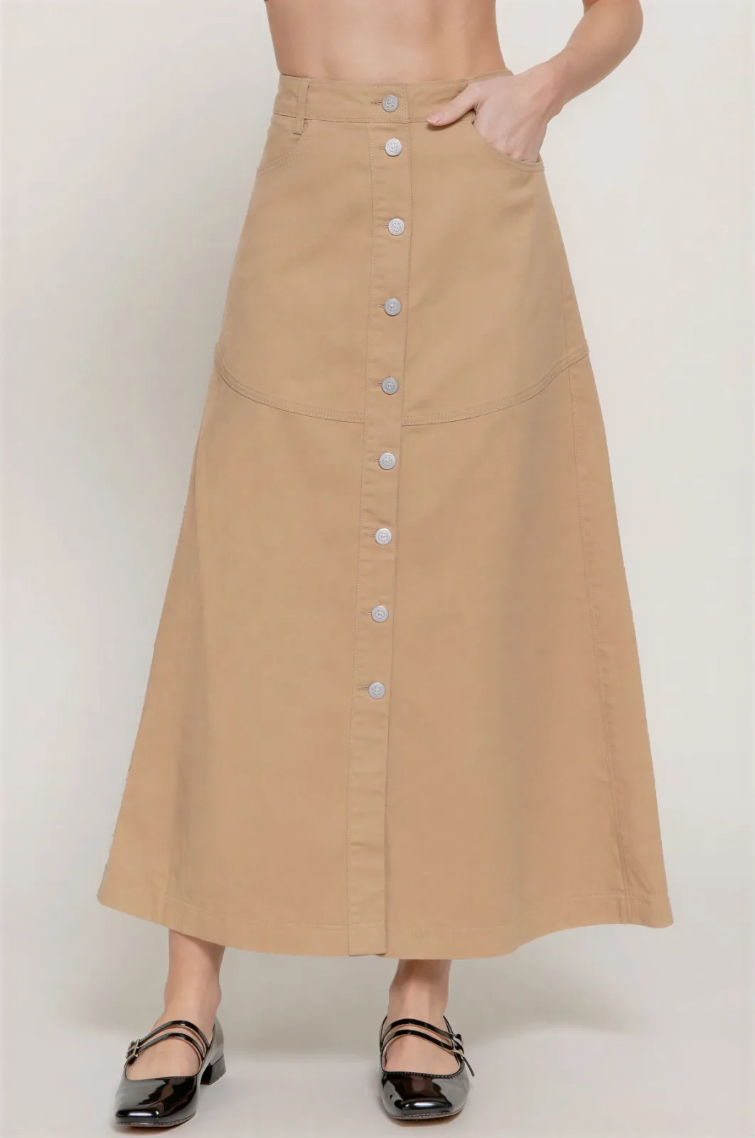 Falda Midi Casual De Sarga Stretch A-línea Con Botones Frontales – Modelo S15040