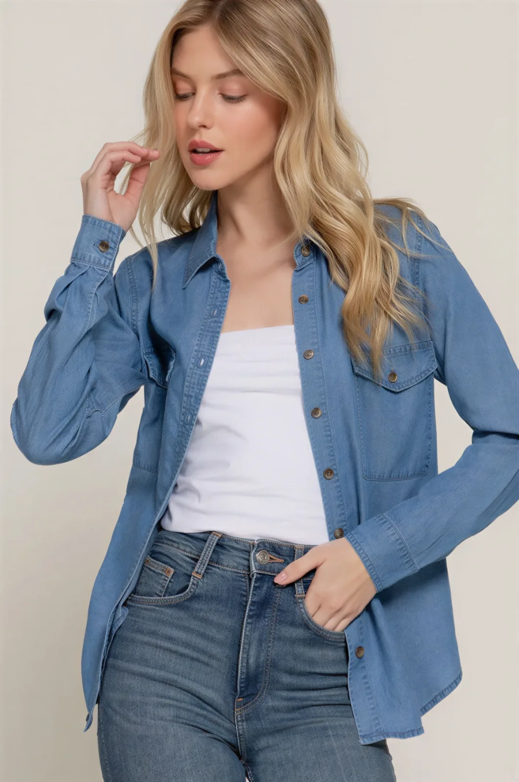 Camisa De Mezclilla Clara Con Bolsillos De Solapa Para Dama – Modelo T13765