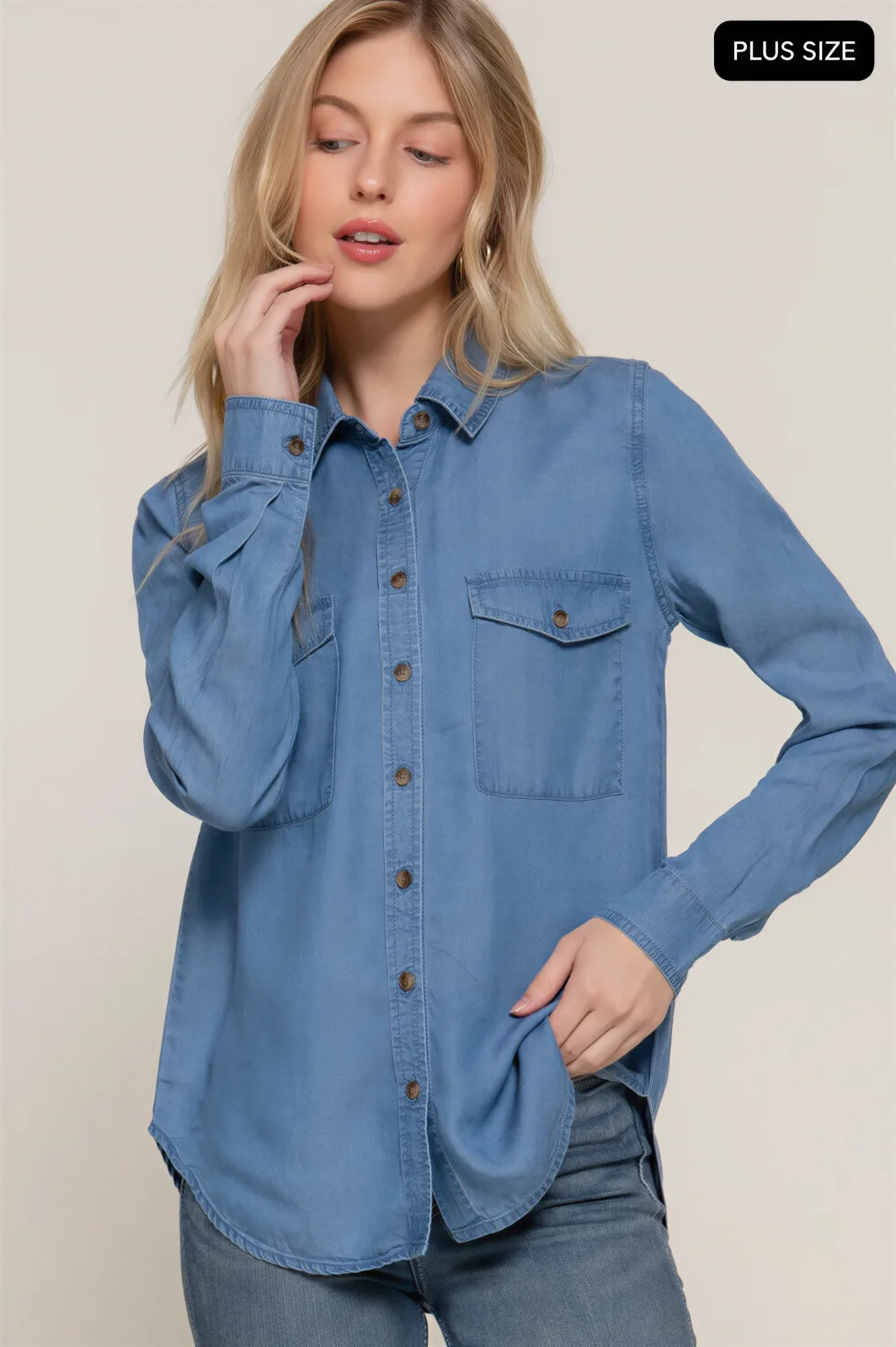 Camisa Vaquera Denim Azul Claro Manga Larga Para Mujer – Modelo T73765 Plus