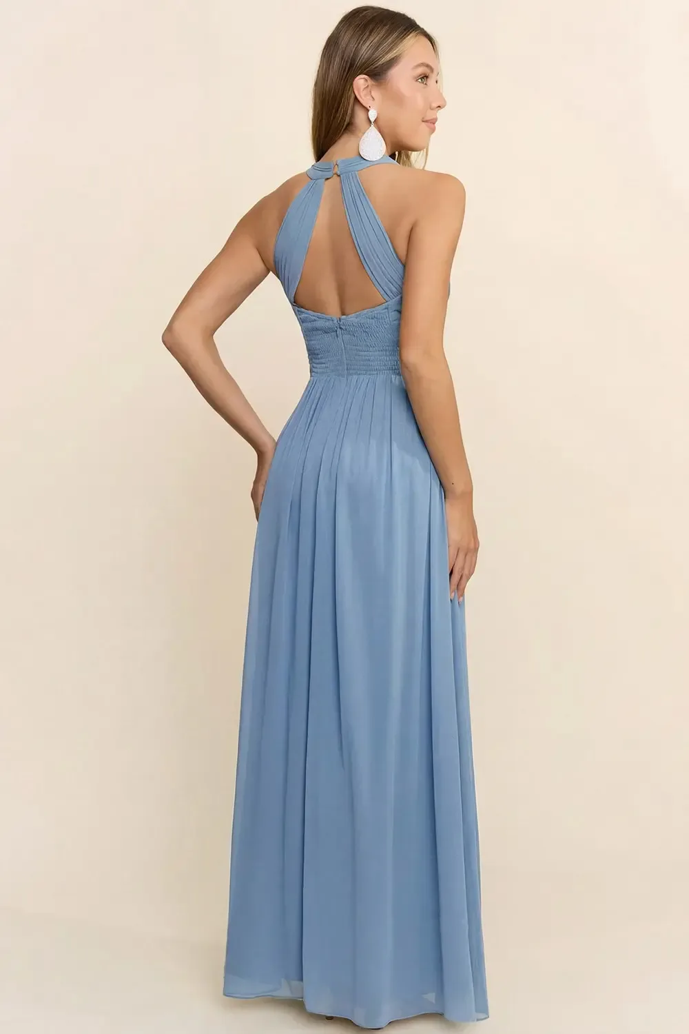 Vestido Largo De Gala Azul Dusty Halter Con Escote Plunging Y Espalda Open Back -ev987