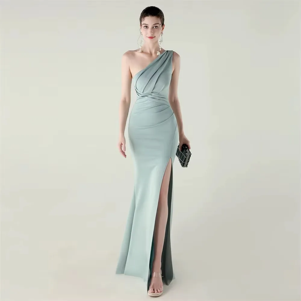 Vestido Largo De Noche Verde Menta Asimétrico Drapeado Con Abertura En Pierna - Modelo EV919 — vista 5