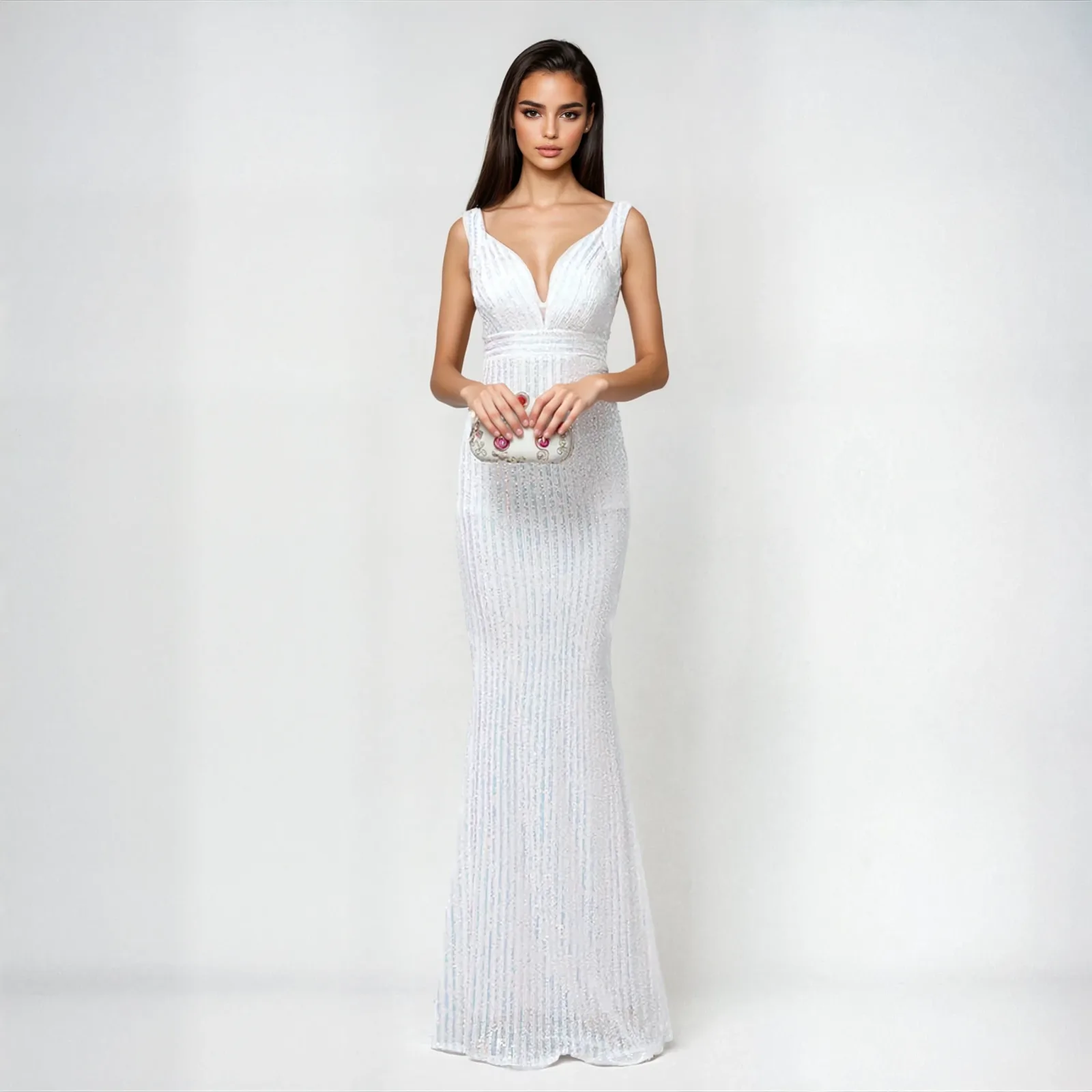 Vestido Largo De Gala De Lentejuelas Con Escote V Y Corte Sirena - Modelo EV435