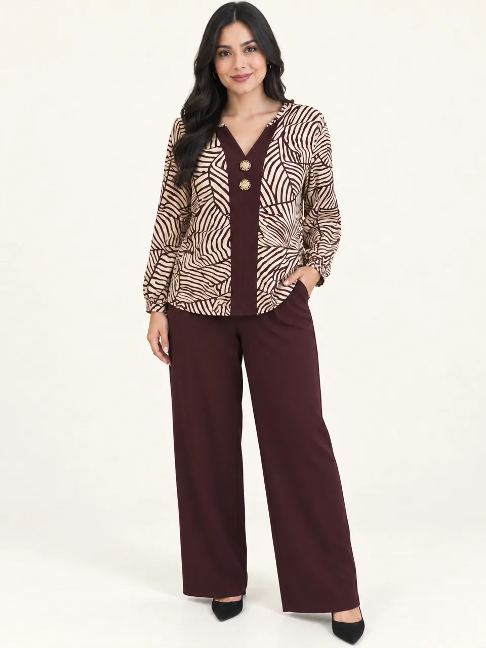 Conjunto Casual De Dama Dos Piezas Con Blusa Estampada Y Pantalón Recto - Modelo 234
