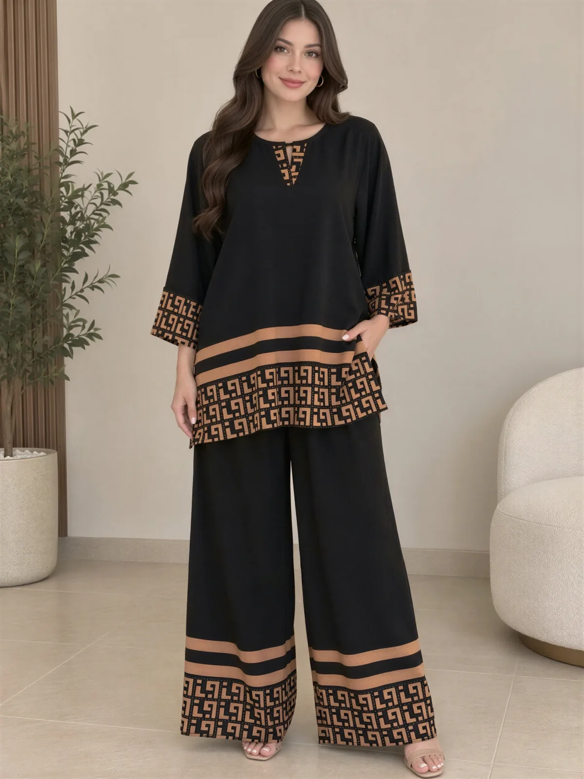 Conjunto Casual De Dama Dos Piezas Con Blusa De Mangas 3/4 Y Pantalón Ancho – Modelo 242