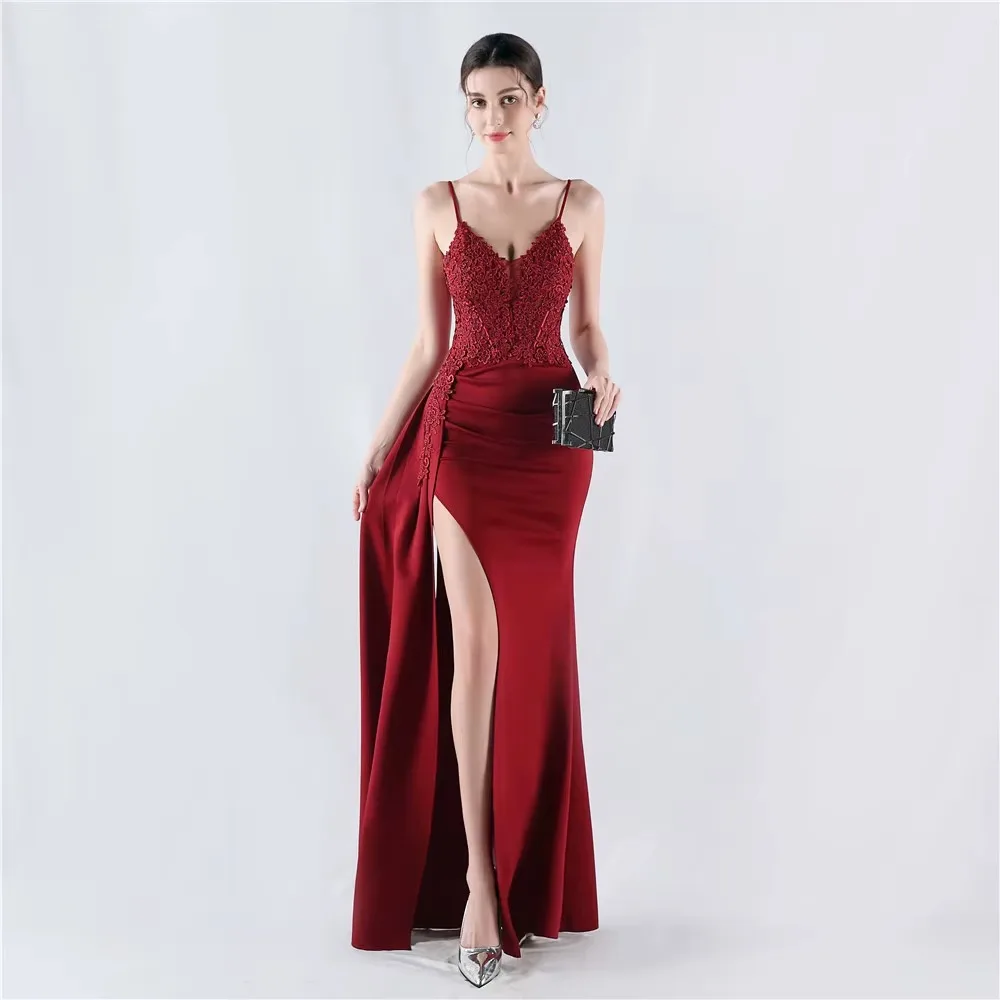 Vestido Largo De Gala Con Corpiño De Encaje Semitransparente, Sobrefalda Lateral Y Abertura - Modelo EV1007 — vista 6